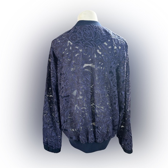 Anthropologie Elevenses Navy Blue Sheer Lace Bomber Jacket Cottagecore - Picture 8 of 11